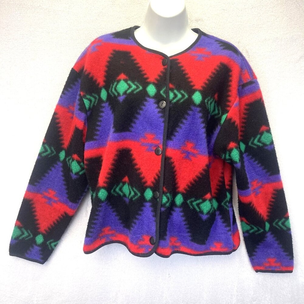 Vintage 80s David Wayne Fleece Aztec Cardigan Sweater Womens‎ Medium Black Red